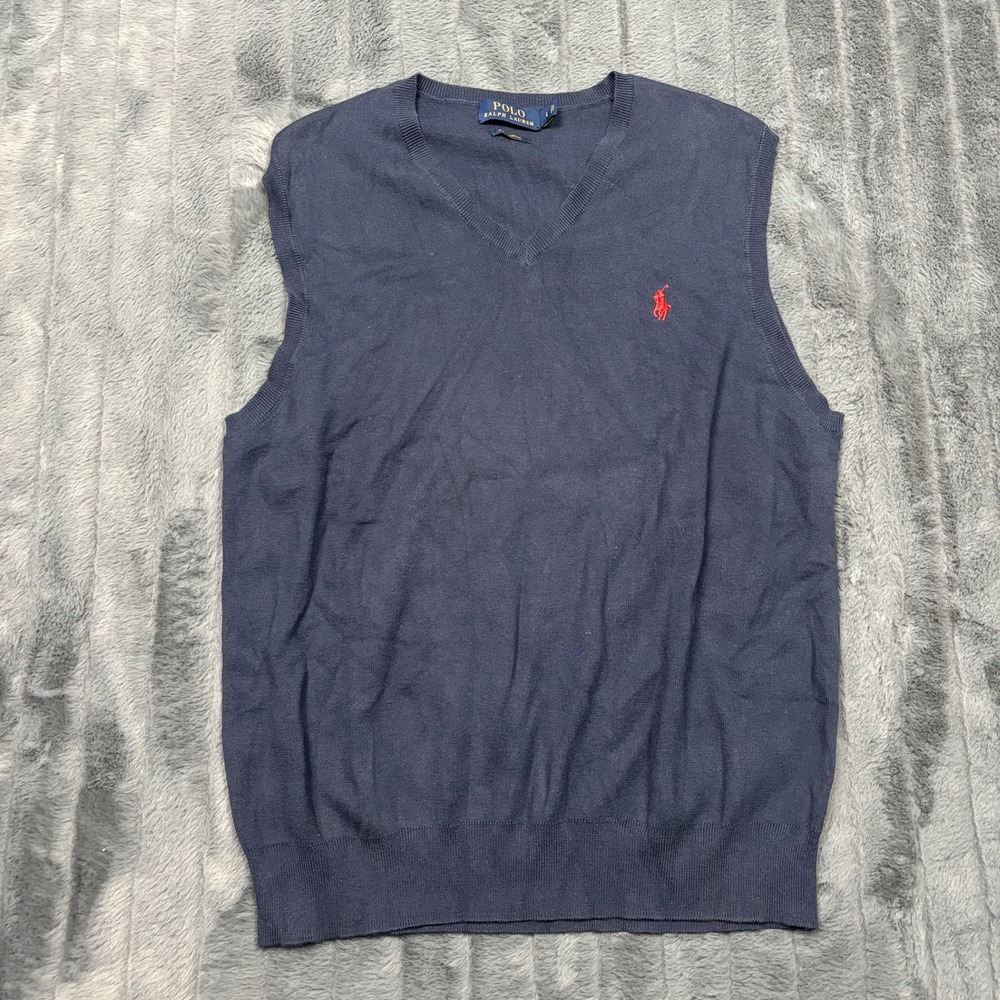 Polo Ralph Lauren Mens Navy Blue Pima Cotton V-Neck Sweater Vest Large L 11488